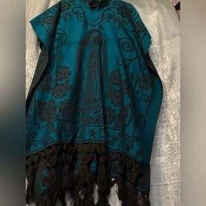 Teal and Black Poncho with Fringe